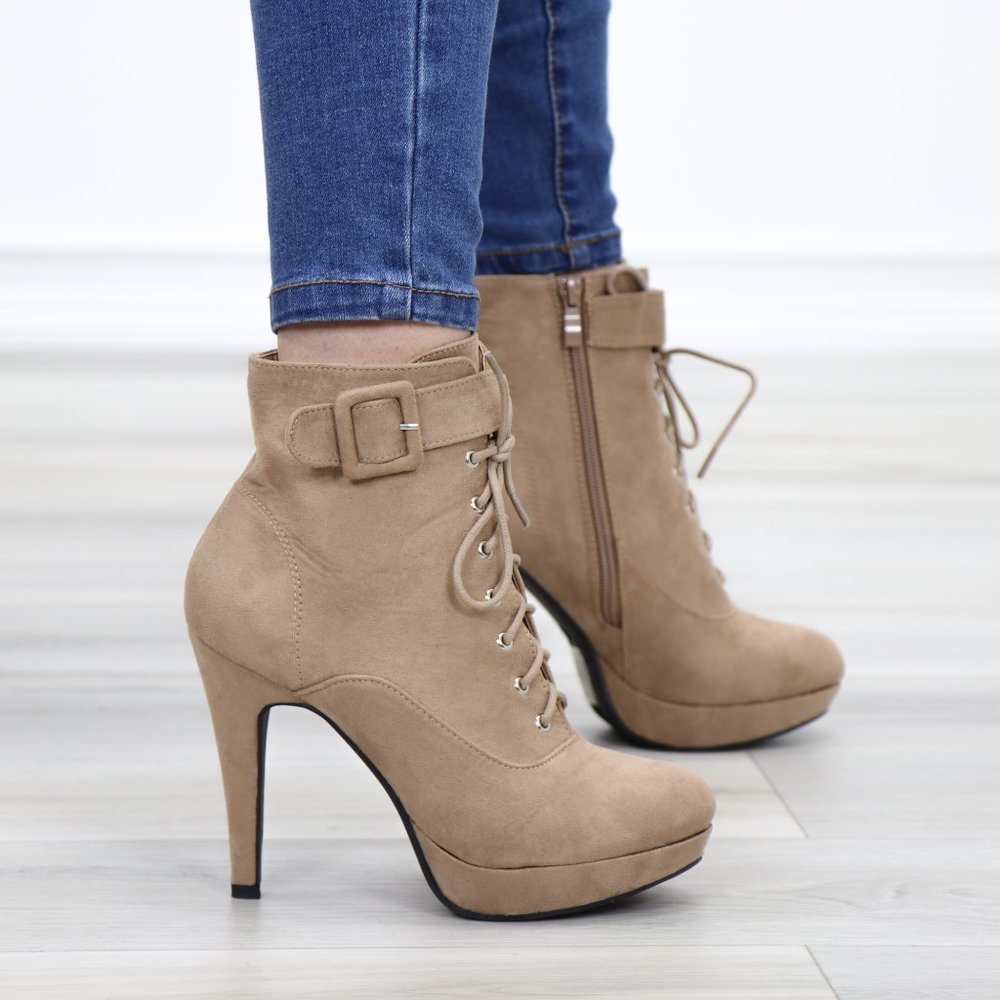 Tan Faux Suede Heel Lace-Up Ankle Booties - Picture 8 of 14